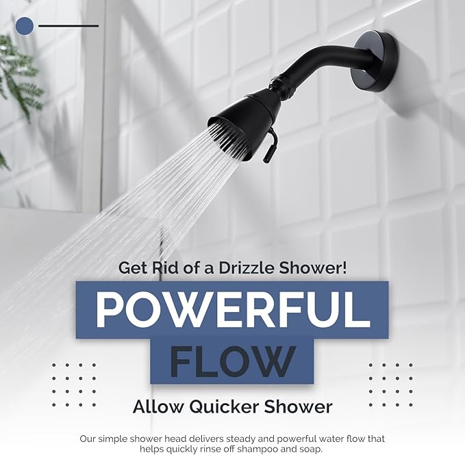 Angle Simple Shower Head, Brass High Flow Shower Spray Head, Adjustable Angle and Water Flow, G 1/2, Matte Black