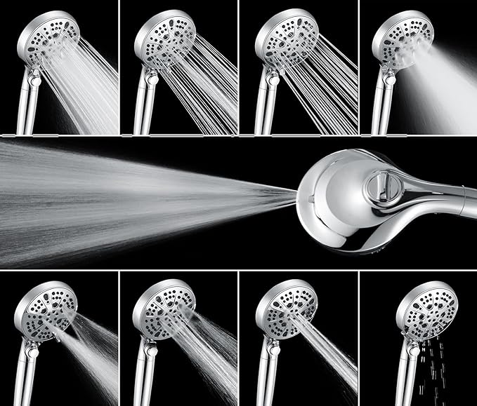 2-in-1 Shower Heads with Handheld 2.5GPM: 10” Rain Shower Head & Hand Held Shower Head, 9 Spray Settings Detachable Shower Head with ON/OFF Switch and 15-Stage Filter