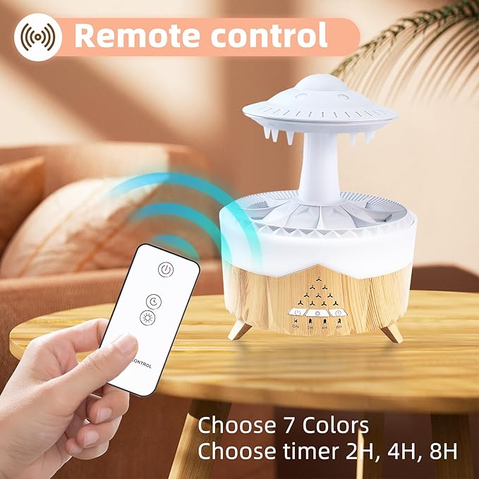 Cloud Raindrop Humidifier, 100-240V 7 Colors Lights Air Humidifier with Remote Control, Timing Essential Oil Mushroom Humidifier for Family/Bedroom/Office