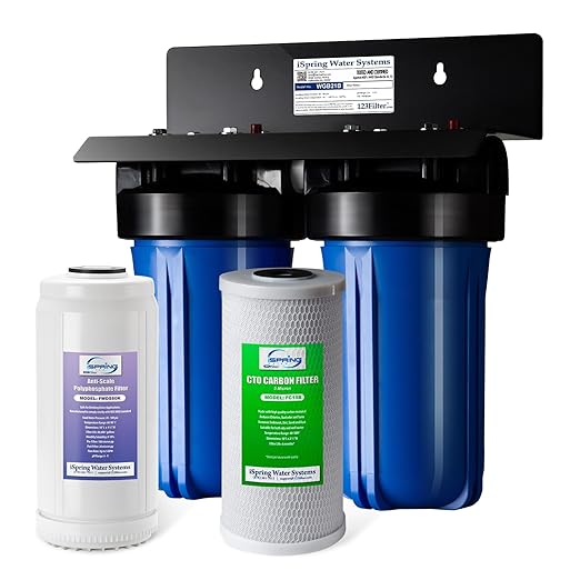 iSpring WGB21B-DS 2-Stage Whole House Water Filtration System, with 10" x 4.5" Sediment CTO(Chlorine, Taste, and Odor) Filter, Anti-Scale polyfilter, 1" Inlet/Outlet