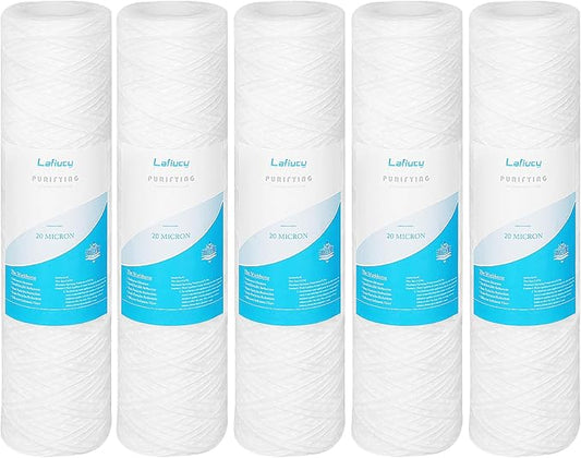 20 Micron 10" x 2.5" String Wound Sediment Water Filter Cartridge,5 Pack,Whole House Sediment Filtration, Universal Replacement for Most 10 inch RO Unit
