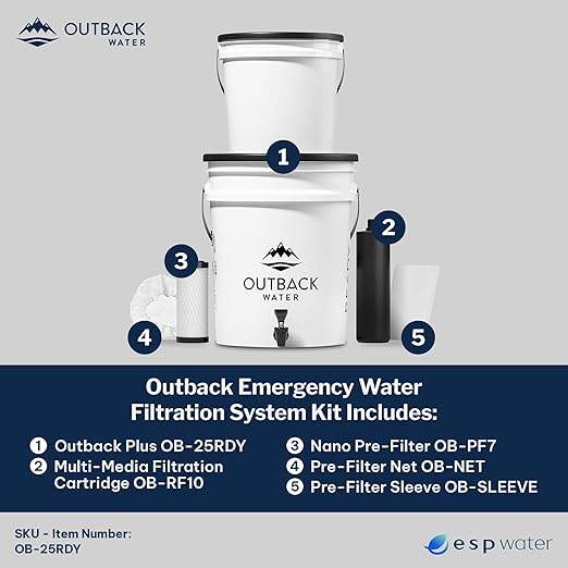 Outback Emergency Drinking Water Filter System - Gravity Fed Bucket Water Filtration for Survival, Off-Grid, Disaster Preparedness, Survival Gear & Camping, Bug Out Kit, Up to 24 Gallons a Day