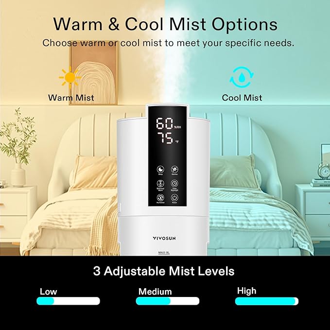 VIVOSUN 9L Air Humidifier, 2-in-1 Top Fill Cool & Warm Mist Humidifier, Indoor Ultrasonic Humidifier with Essential Oil Box & Remote Control for Bedrooms, Offices, Plants, Babies