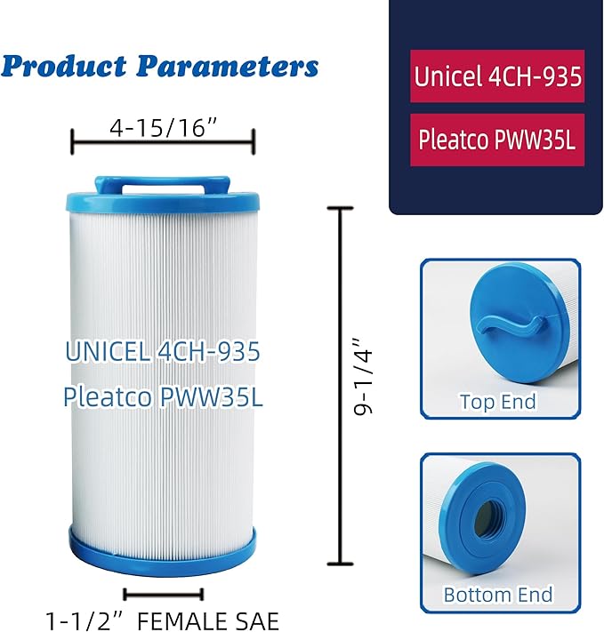 4CH-935 Spa Filter, Replaces for Pleatco PWW35L, SD-01235, Waterway 817-4035, Waterway Teleweir 35 SF, Teleweir| PDC580-AFS | D-01310 | PDY35P3 | 4CH-935RA Hot Tub Filter 2 Pack