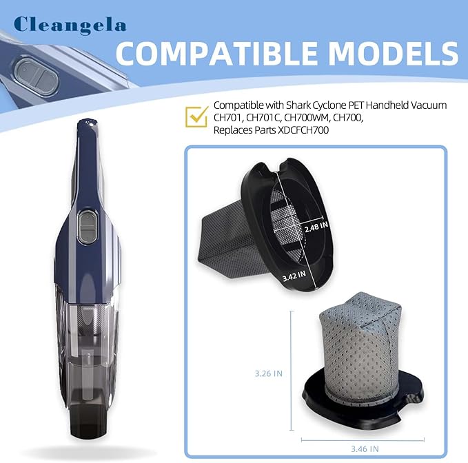 8 Pack CH701 Hand Vacuum Filter, Washable, Replacement Filter for Models: Shark Cyclone PET Handheld Vacuum CH701, CH701C, CH700WM, CH700, Replaces Parts XDCFCH700, Grey