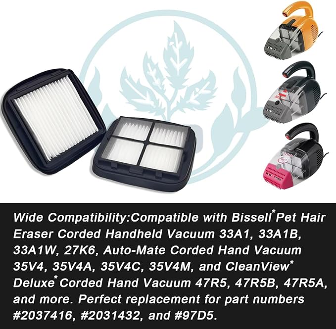 NKA 97D5 Pet Hair Eraser Filter Replacement, Compatible with Bissell Pet Eraser Corded Handheld Vacuum 33A1, 35V4, 47R5 Series, Replace Part #2037416, 2031432 (2 Pack)
