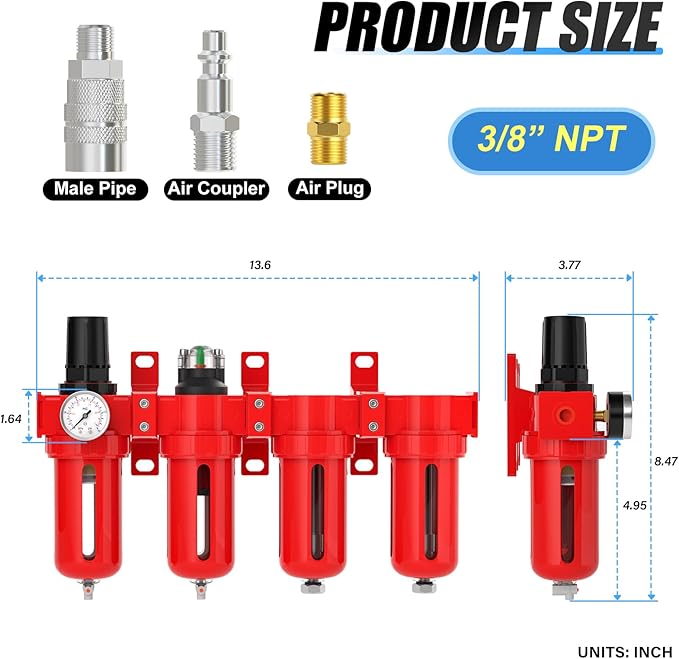 3/8" NPT Industrial Grade 4 Stage Aluminum Air Drying System, Coalescing Filter, Particulate Filter, Double Desiccant Dryer and Air Regulator,Manual Drain For Plasma Cutter and Paint Spray