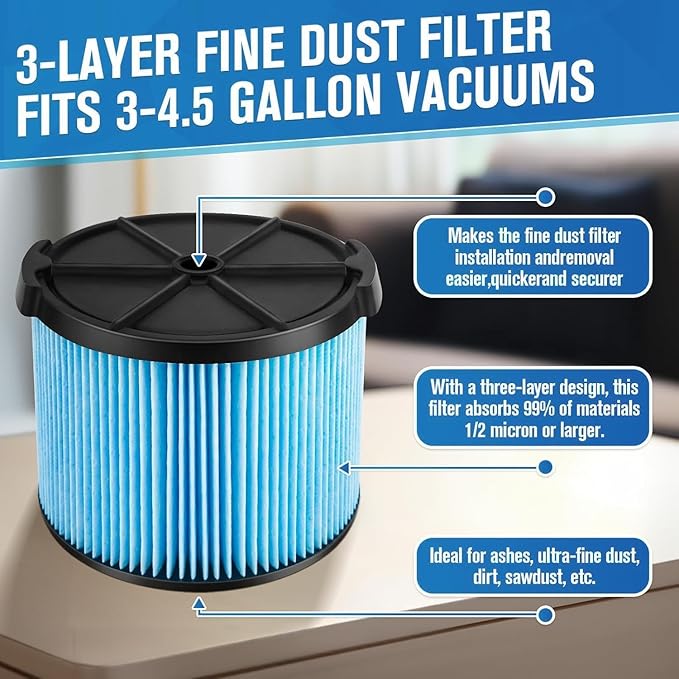 VF3500 Replacement Filter for Shop Vacuum 3-4.5 Gallon Wet Dry Vacuums, 3-Layer Filters for WD4050, WD3050, WD4080, WD4522, 4000RV, 4500RV 2pcs