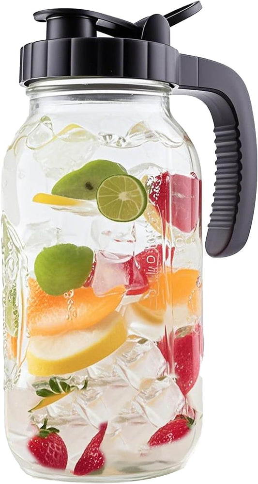 Glass Mason Jar Pitcher With Lid 2 Quart Sun Tea Glass Pitcher 64 Oz Wide Mouth Half Gallon Hot Cold Water Coffee Jug Carafe For Fridge Lemonade, Beverage,Milk,Juice, Cold Brew Tea Container