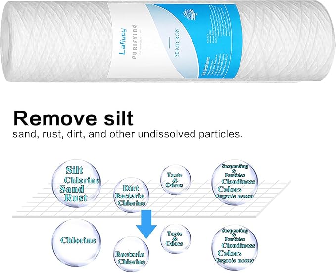 50 Micron 10" x 2.5" String Wound Sediment Water Filter Cartridge,5 Pack,Whole House Sediment Filtration, Universal Replacement for Most 10 inch RO Unit