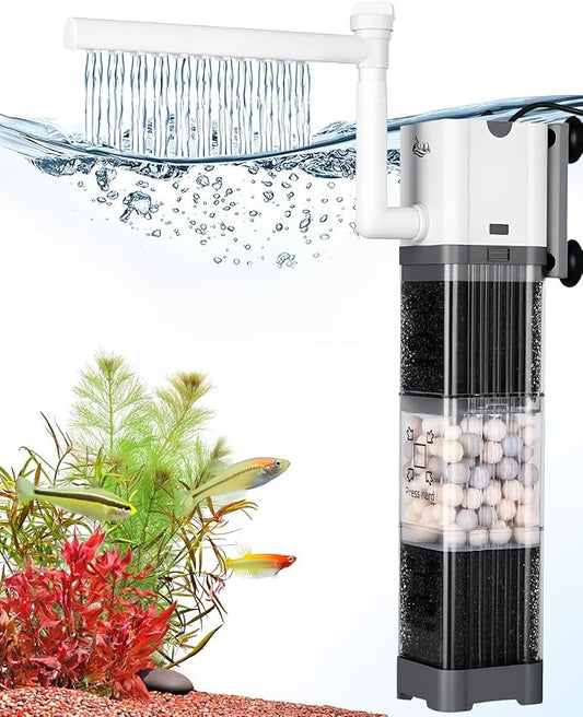 AQQA Aquarium Filter, Fish Tank Filter with Rainshower Pipe Design Adjustable Water Flow, Ultra Silent Biochemical Quartz Balls&Physical Sponge Double Filtration for Fish Tank 35-60 Gallon (8W-200GPH)