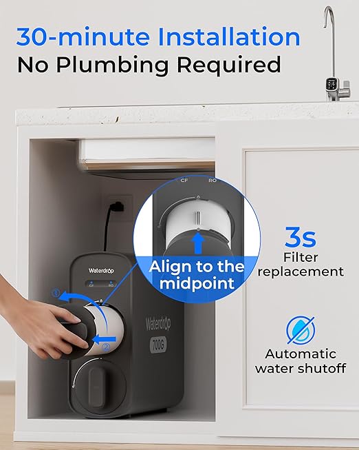 Waterdrop G5P700A Alkaline Mineral pH+ Reverse Osmosis Water Filter, NSF/ANSI 372 Certified, 700G Reverse Osmosis System, 8 Stage RO Water Filtration System, 2:1 Pure to Drain, Smart LED Faucet