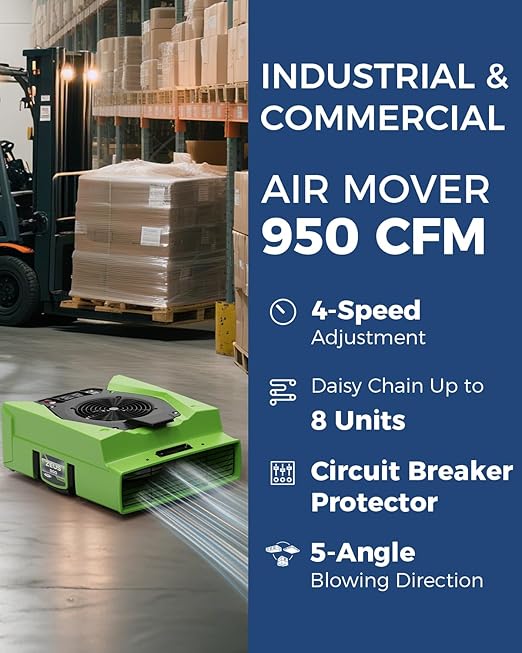 ALORAIR Zeus 900 Air Mover Commercial Blower for Carpets, Walls, Plumbing Use, Variable Speed Floor Blower Fan, 950 CFM with 1.8 A, Circuit Breaker Protection, on-Board Duplex GFCI, 10 Years Warranty