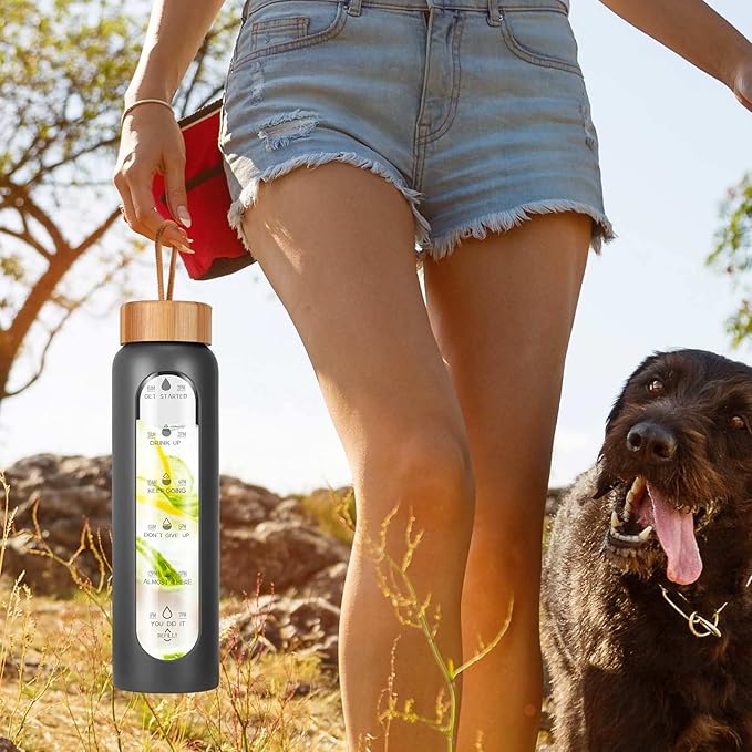 Aqulea Glass Water Bottles 32 Oz with Silicone Sleeve - BPA Free Reusable Wide Mouth Glass Motivational Water Bottles with Fruit Infuser – Leak Proof Borosilicate Water Bottle with Time Marker (Dark)