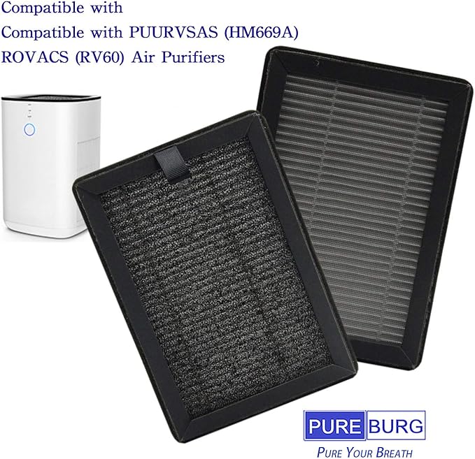 PUREBURG Replacement True HEPA Filters Compatible with PUURVSAS (HM669A) / ROVACS (RV60) Air Purifiers,H13 4-Stage Filtration Activated carbon 2-IN-1 Air Clean Dust VOCs, 4-Pack