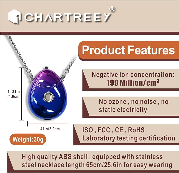 Personal Air Purifier, Chartreey® Wearable Air Purifier Necklace, True 199 million/cm³ Negative Ion, Portable Air Purifier Eliminates Dust, Pollen, Smoke for Outdoor, Travel(Purple)