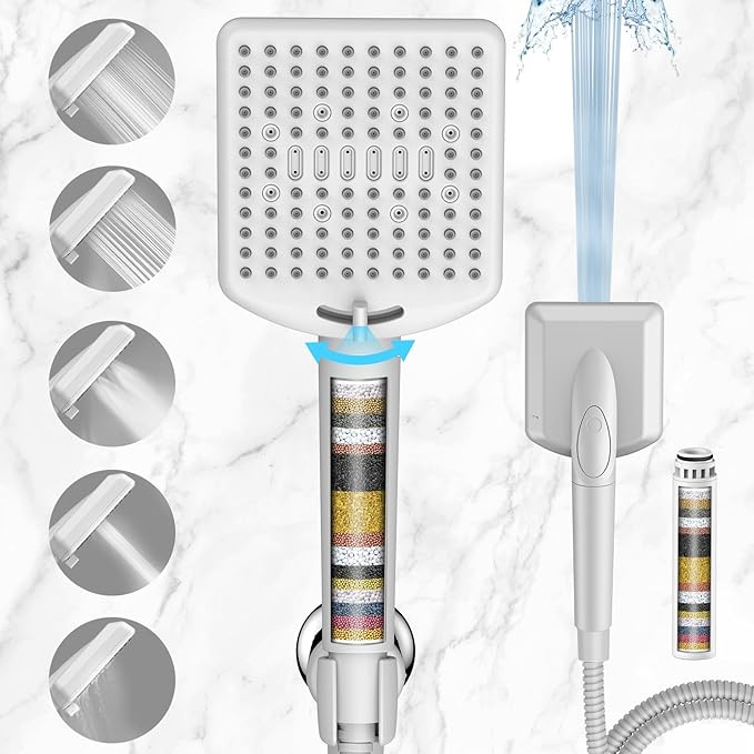 Filtered Shower Head with Handheld White - High Pressure 6 Modes, 120 Anti-clog Nozzles, Detachable Showerhead with Hard Water Filters, Extra Long 6ft Hose, Power Wash Mode for Bathroom, Pets