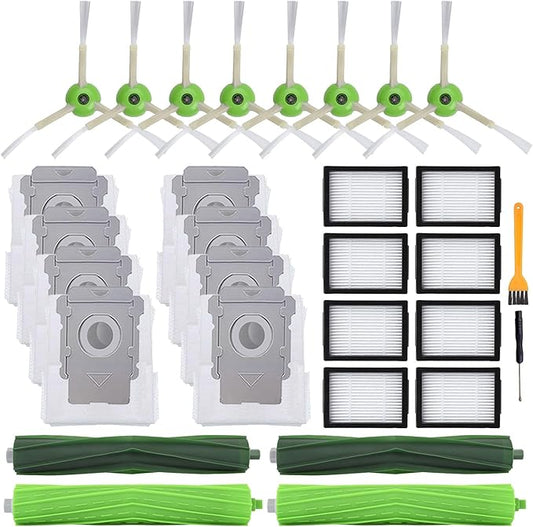 26 Pack Replacement Parts for iRobot Roomba j7(7150) j7+ (7550) i3(3150) i3+(3550) i4 i6 i6+(6550) i7(7150) i7+(7550) i8 i8+ Robot,2 sets Roller Brushes,8 Filters,8 Side Brushes,8 Dust bags