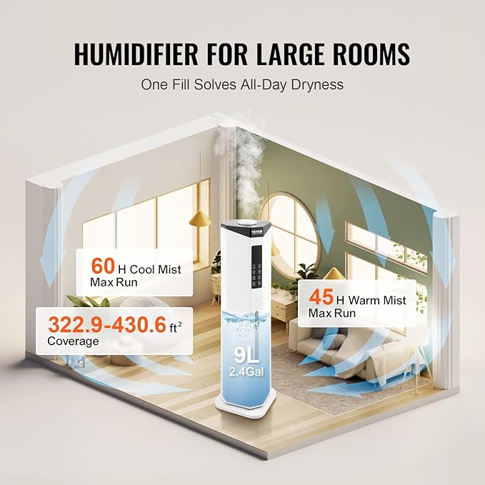 VEVOR Commercial Humidifier, 2.4 Gal/9L 2-In-1 Cool/Warm Mist, Industrial Air Vaporizer for Room Up To 430.6 Sq Ft,Top Refill Humidifier w/Auto Rotary Spray for Whole House,Greenhouse, Plant