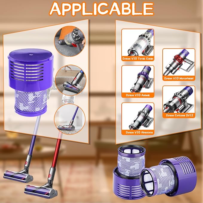 2 Pack V10 Filters Replacement for Dyson V10 Cyclone Series, V10 Absolute, V10 Animal, V10 Total Clean, SV12, Replace Part No. 969082-01,2 Pack Filters and 1 Clean Brush