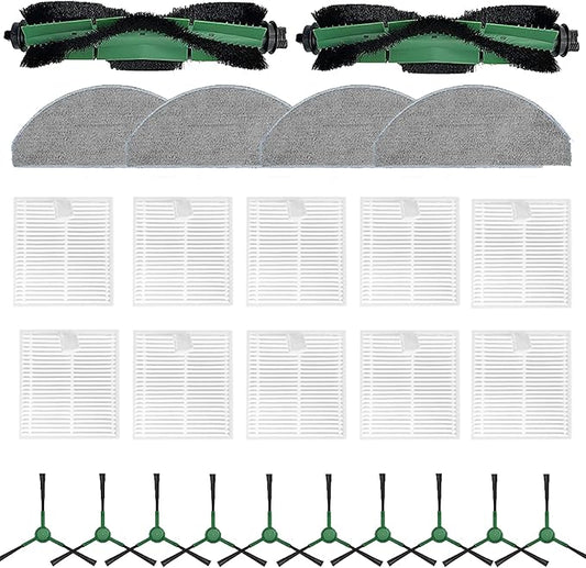 2 Roller Brush＆10 Side Brushes＆10 Filters & 4 Mopping Pads Replacement Parts Accessories Compatible with iRobot Roomba Essential Series 104 105 Vac/Combo Y0110 Y0140 Q011 Q0120 Q0520 Robot Vacuum