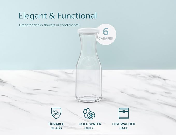 Glass Carafe Pitchers, by Kook, Mini Carafes- set of 6, Beverage Dispensers, Clear Jugs For Mimosas, Water, Wine, Milk and Juice, with Plastic Lids, Dishwasher Safe 17.3 oz