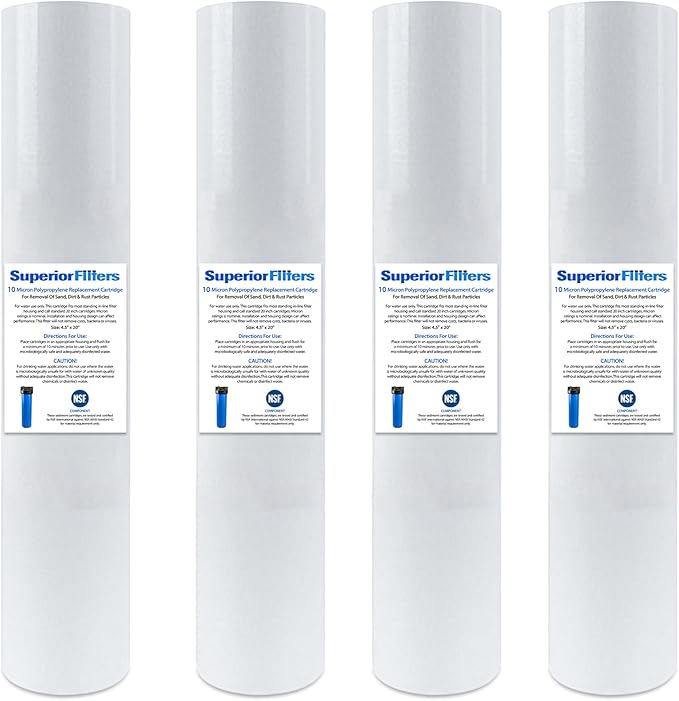 10 Micron Sediment water Filter - Whole House Water Filter Cartridge - 4.5 x 20-inch Replacement - Compatible with All Whole House Water Filter System - (20 X 4.5, 4 Count)