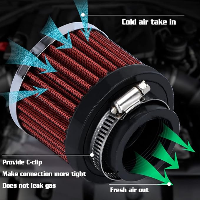 PTNHZ Universal Red Neck 1.5" 38mm Car High Flow Cold Air Intake Air Filter Power Intake Air Inlet System Air Cleaner