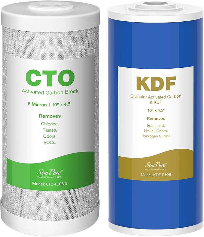 SimPure 2-Stage 10" x 4.5" Whole House Water Filter Replacement, 5 Micron Carbon CTO and GAC/KDF Water Filter Set, 2-Pack