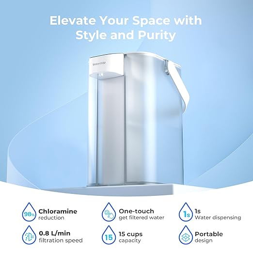 Waterdrop 98% Chloramine Reduction Electric Water Filter Pitcher, Rechargeable Water Dispenser, Instant 200-Gallon 15-Cup Countertop Purifier, NSF/ANSI 42, Reduce Lead, PFAS, White, with 1 Filter