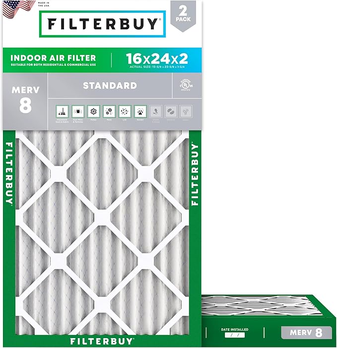 Filterbuy 16x24x2 Air Filter MERV 8 (MPR 700) Dust Defense Replacement (2-Pack), Electrostatic Pleated HVAC AC Furnace Filters, Made in USA (Actual Size: 15.38 x 23.38 x 1.75)