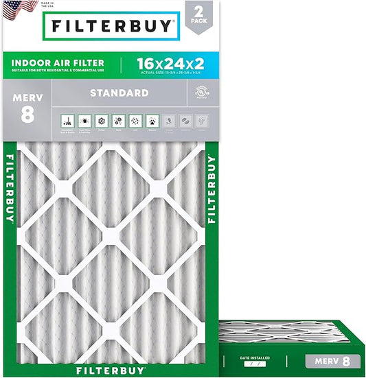 Filterbuy 16x24x2 Air Filter MERV 8 (MPR 700) Dust Defense Replacement (2-Pack), Electrostatic Pleated HVAC AC Furnace Filters, Made in USA (Actual Size: 15.38 x 23.38 x 1.75)