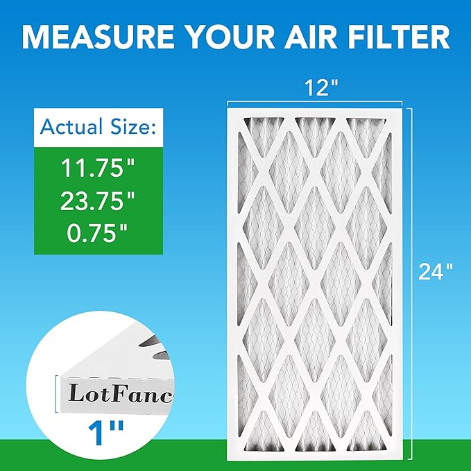 LotFancy 12x24x1 Air Filter MERV 8 Dust Defense (4-Pack) Pleated HVAC Furnace Air Filters, Replacement for Home AC & Heating Systems, Actual Size: 11.75" x 23.75" x 0.75