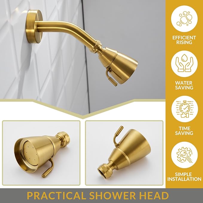 APLusee Brushed Gold Shower Head, High Flow Shower Sprayer with Rotary Joint, Solid Brass