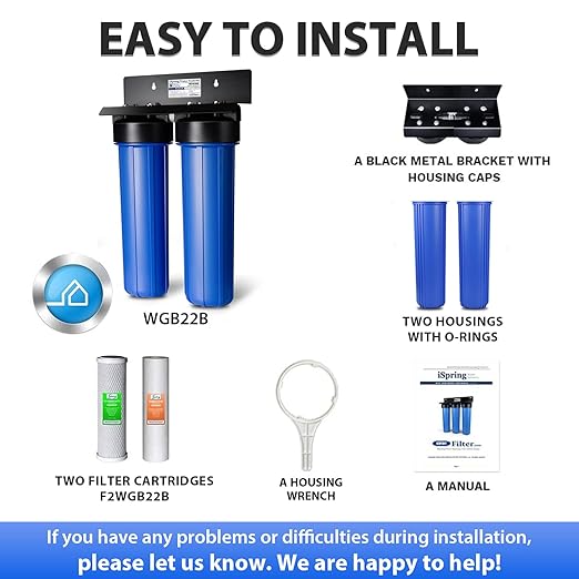 iSpring WGB22B 2-Stage Whole House Water Filtration System, 20” x 4.5” Sediment & Carbon Block Filters, Removes up to 99% Chlorine, Fine Sediment and Bad Taste Removal
