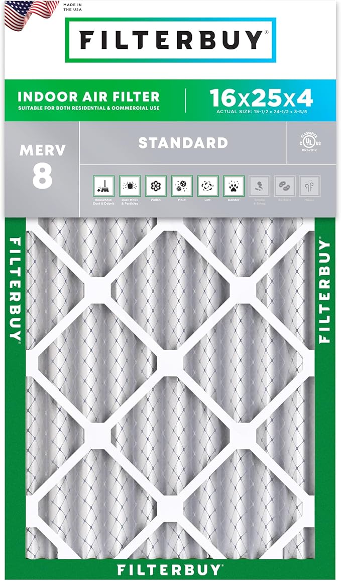 Filterbuy 16x25x4 Air Filter MERV 8 (MPR 700) Dust Defense Replacement (1-Pack), Electrostatic Pleated HVAC AC Furnace Filters, Made in USA (Actual Size: 15.50 x 24.50 x 3.63)