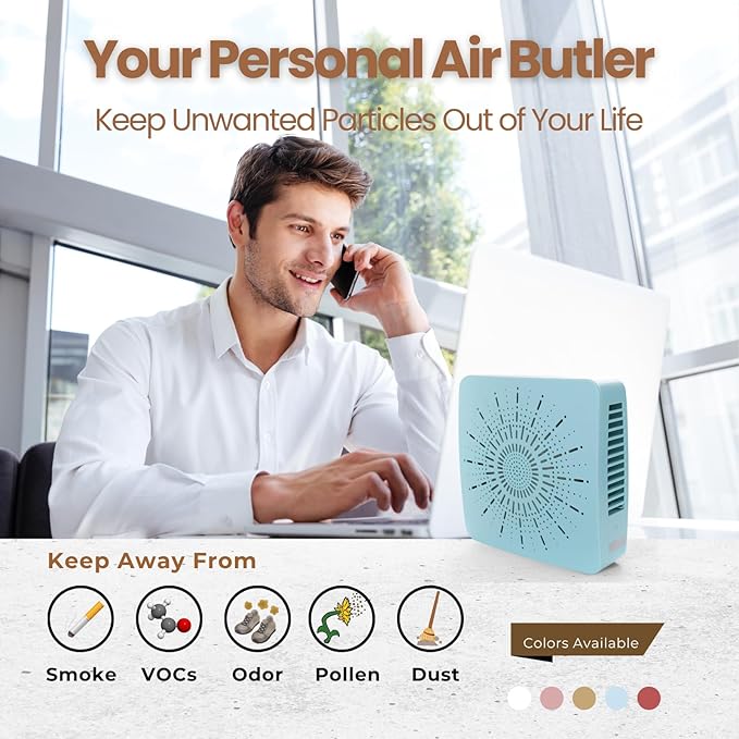 4-in-1 Portable Air Purifier HEPA Filter, Aroma, Ionizer & Mini Fan – USB-C Desktop Air Cleaner for Smoke, Pollen, Dander, Odors – 5 Colors for Bedroom, Office, Baby, Pets, Travel (Mist Blue)