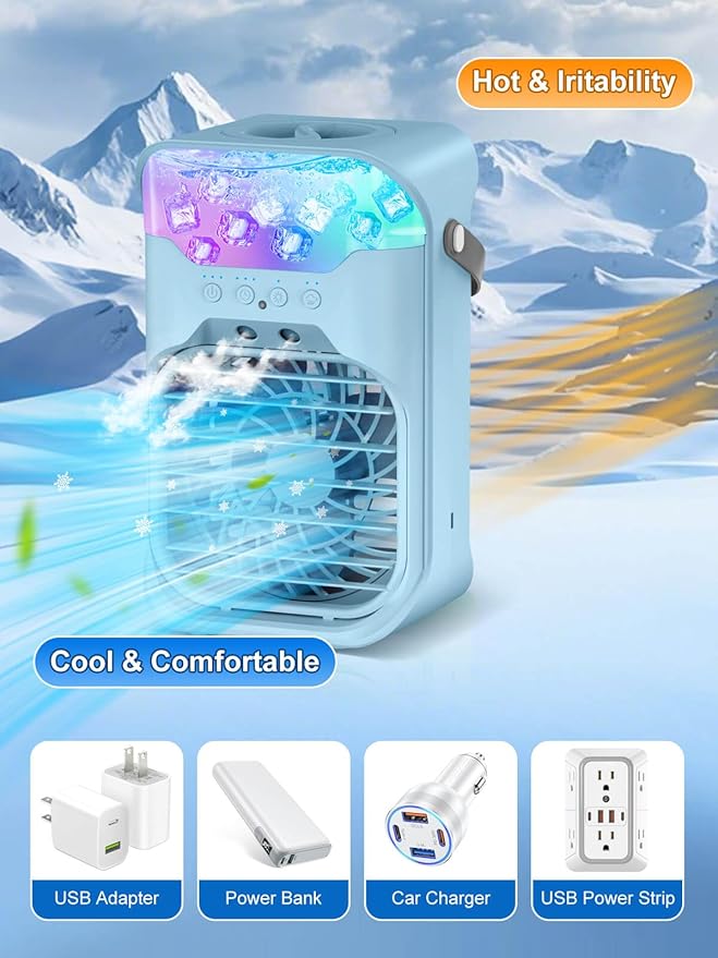 Portable Air Conditioner, 1500ML, Removable & Washable Fan Blades, Timer Function, 4 Speeds, 2 Cool Mists, 7-Color Light, Personal Evaporative Air Cooler for Home, Office, Bedroom, and Camping-Blue