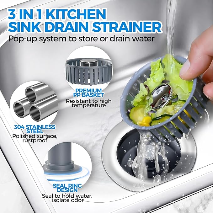 Kitchen Sink Drain Strainer - 3Pack Sink Stopper, Drain Protector, Kitchen Drain Plug & Sink Installation Parts with Anti-Clogging Basket, Fit US Standard 3-1/2'' Sink Drain Hole, Silver