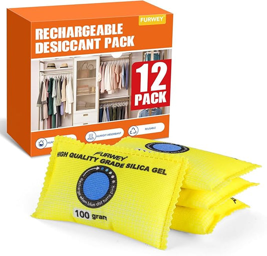 100g (12 Packs) Rechargeable Desiccant Packs for Storage, Color Indicating Silica Gel Desiccant Packets, Moisture absorbers for storage,Dehumidifier bag for Closets,Cars,Storage Bins