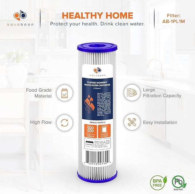 Aquaboon 1 Micron Pleated Water Filter 10 x 2.5 - Whole House Sediment Filter Replacement Cartridge Compatible with WFPFC3002, WHKF-WHPL, 50-Pack
