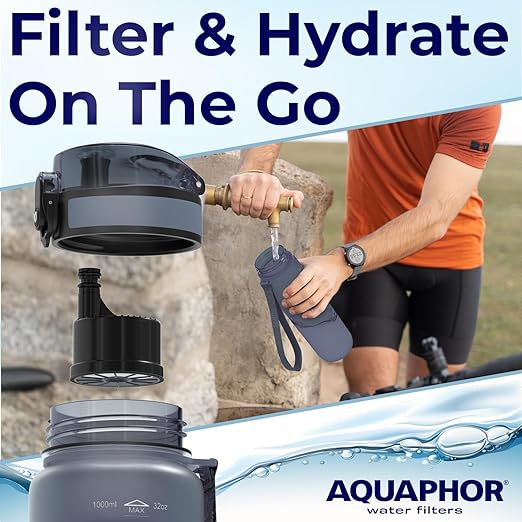 Nakii Filtered Water Bottle, Leakproof, BPA-Free, Motivational Markings, Travel, Everyday Use. 40-Gallon Filter, Replaces 300 Plastic Water Bottles. Includes 1 Filter, 22 FL Oz, Grey by Aquaphor