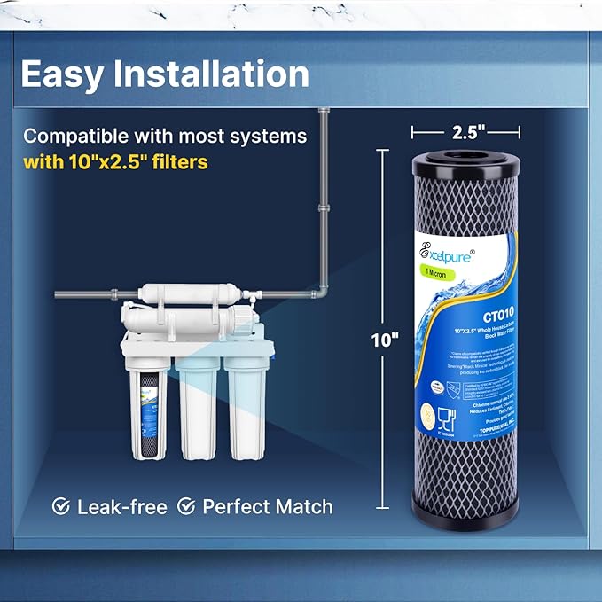 1 Micron 10" x 2.5" Whole House CTO Carbon Water Filter Cartridge Replacement for Home Countertop System, Dupont WFPFC8002, WFPFC9001, FXWTC, SCWH-5, WHEF-WHWC, WHCF-WHWC, CTO10, T01, 2PACK