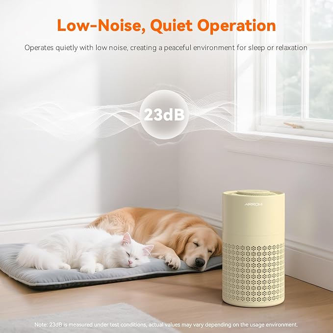 AIRROMI Air Purifier for Bedroom with HEPA Fet Filters, Pet Air Purifiers for Home Cat Pee Smell, Covers Up to 990Ft², Quiet 360° intake Air Cleaner for Allergies Dust Smoke Odor A2001 Yellow