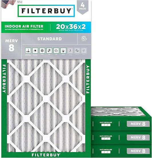 Filterbuy 20x36x2 Air Filter MERV 8 (MPR 700) Dust Defense Replacement (4-Pack), Electrostatic Pleated HVAC AC Furnace Filters, Made in USA (Actual Size: 19.50 x 35.50 x 1.75)