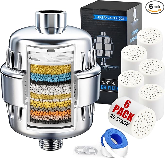 Chrome 20 Stage Vitamin C Shower Filter with 6 Cartridges – Reduces Dry Skin, Dandruff, Eczema & Hair Loss | High Output Hard Water Softener to Remove Chlorine, Fluoride & Heavy Metals