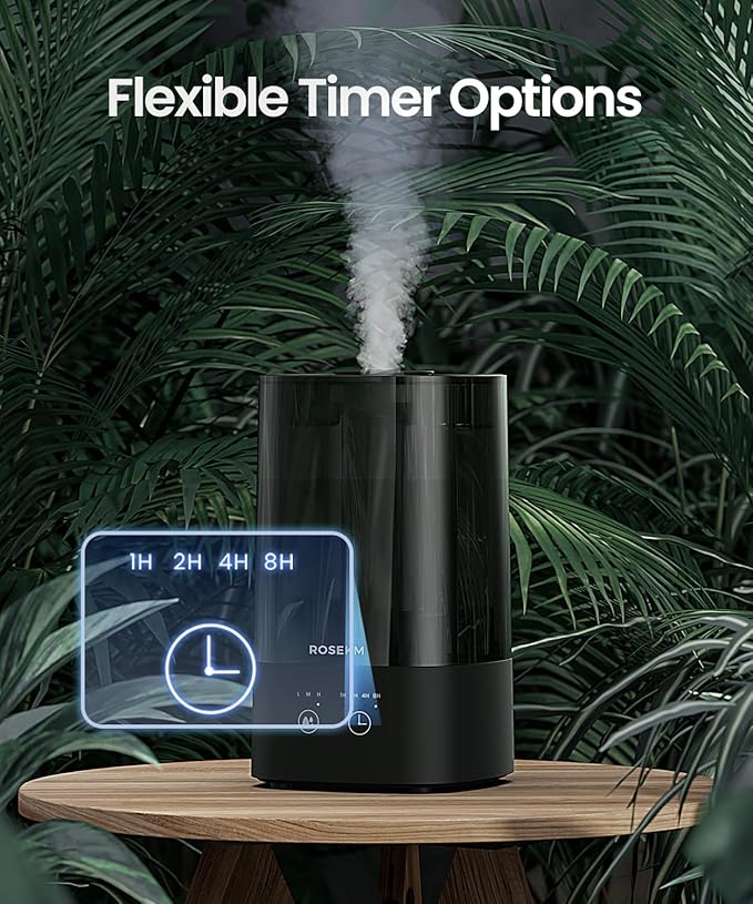 4.5L Humidifiers for Bedroom, Humidifiers for Home Large Room, Cool Mist Humidfiers for Baby and Plant with Timer, Adjustable Mist Level, 360° Nozzle, Auto Shut-Off, Black