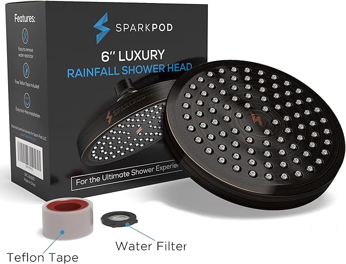 SparkPod Shower Head - High Pressure Rain - Premium Quality Luxury Design - 1-Min Install - Easy Clean Adjustable Replacement for Your Bathroom Shower Heads (Vintage Oil Rubbed Bronze, 6 Inch Round)