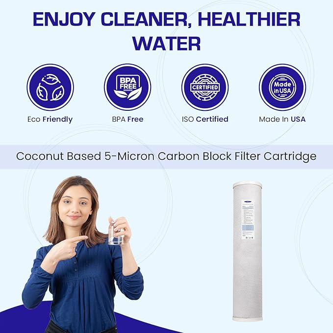 Crystal Quest 5-Micron Carbon Block Filter Cartridge - 4-5/8” x 20” - Coconut-Based Activated Carbon - Reduces Sediment and VOC’s - Sustainable Filtration