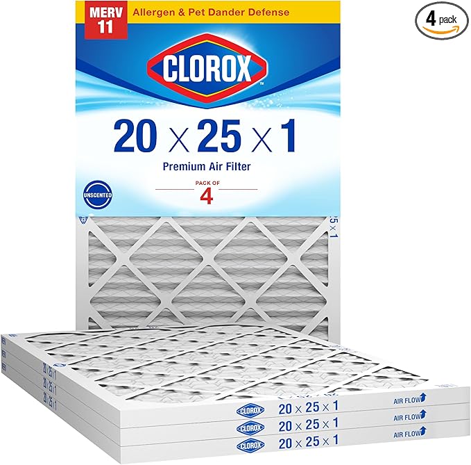 Clorox 20x25x1 Air Filter, MERV 11 Pleated HVAC AC Furnace Air Filters, MPR 1000 & FPR 7 – Pack of 4